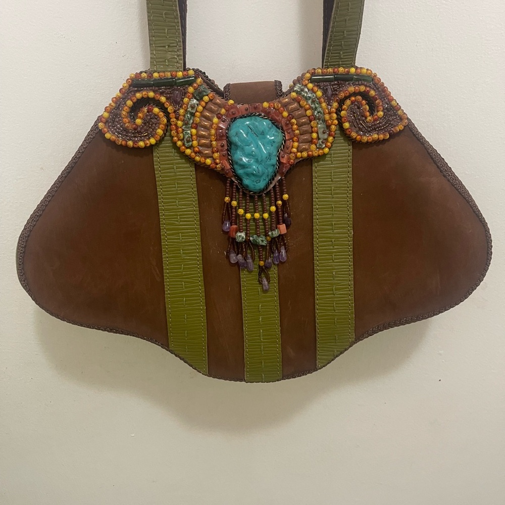 Mary Frances Brown and Green Beaded Shoulder Bag